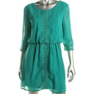 Nordstrom City Studio Jade Green Crochet Lace Trim 3/4 Sleeve Blouson Dress